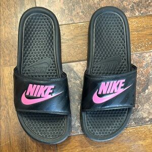 Nike Black and Pink Slide Sandals